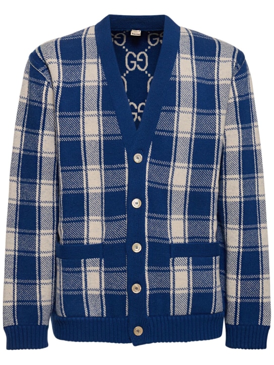 Gucci: Cardigan en laine à carreaux GG - Bleu/Ivoire - men_0 | Luisa Via Roma