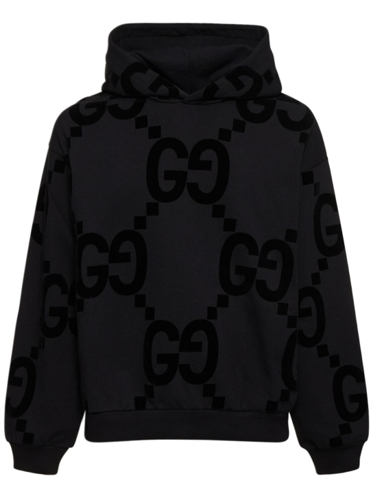 Gucci: GG flocked cotton jersey hoodie - Siyah - men_0 | Luisa Via Roma