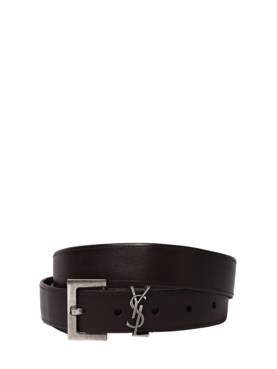 Saint Laurent: 3cm Cassandre long waist leather belt - Brown Oak - men_0 | Luisa Via Roma