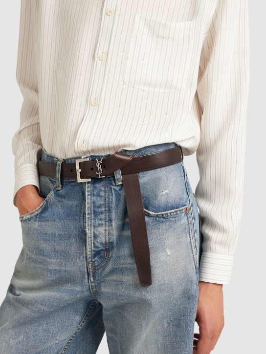 Saint Laurent: 3cm Cassandre long waist leather belt - Brown Oak - men_1 | Luisa Via Roma