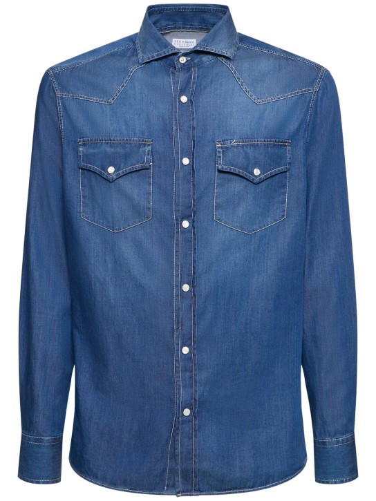 Brunello Cucinelli: Camisa de denim de algodón - Azul - men_0 | Luisa Via Roma