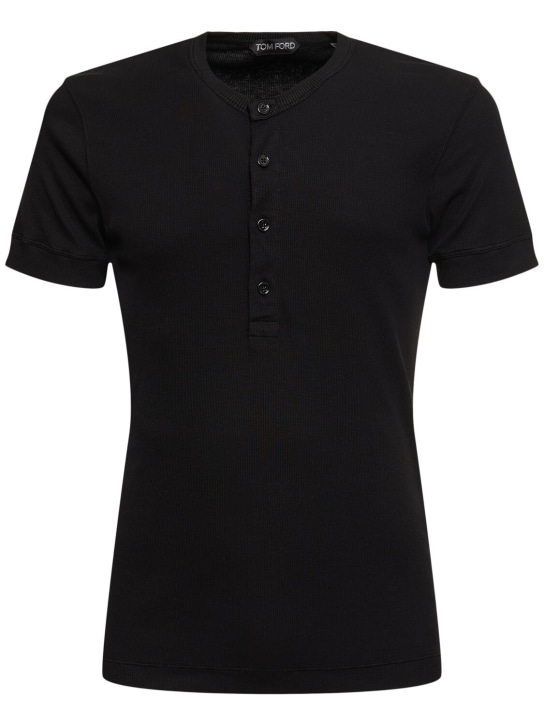Tom Ford: T-shirt Henley in cotone e lyocell - Nero - men_0 | Luisa Via Roma