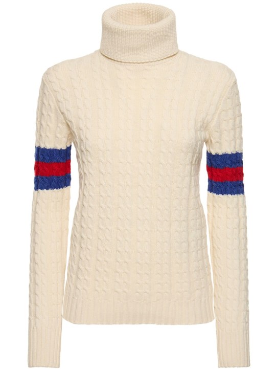 Gucci: Sweater aus Wolle und Kaschmir im Zopfstrick - Ivory/Blue/Red - women_0 | Luisa Via Roma
