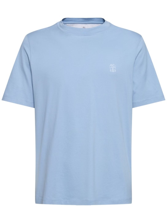 Brunello Cucinelli: T-Shirt aus Baumwolljersey mit Logo - Türkis - men_0 | Luisa Via Roma