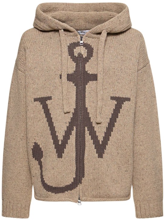 JW Anderson: Logo wool knit zip-up hoodie - Beige - men_0 | Luisa Via Roma