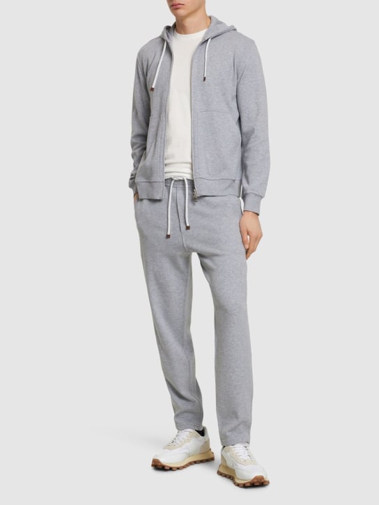 Brunello Cucinelli: Cotton blend zipped hoodie - Grey - men_1 | Luisa Via Roma