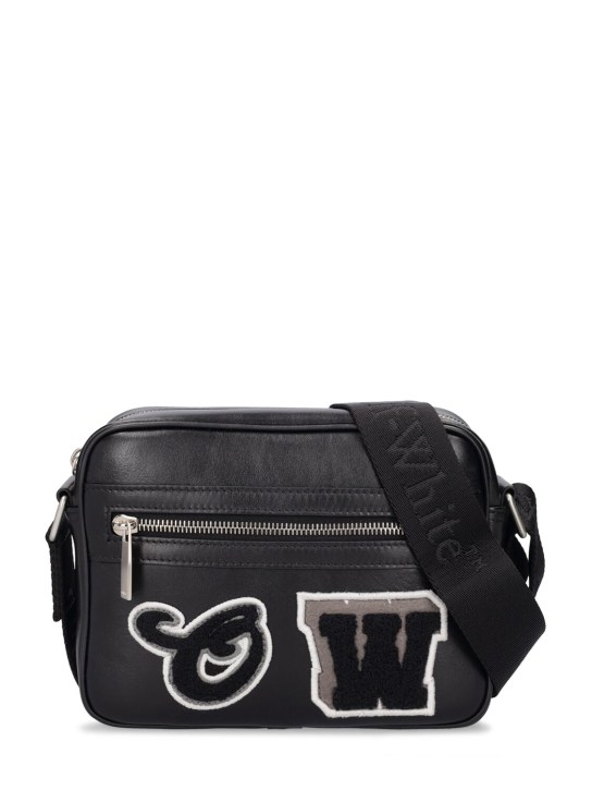Off-White: Camera bag varsity leather crossbody bag - Siyah - men_0 | Luisa Via Roma