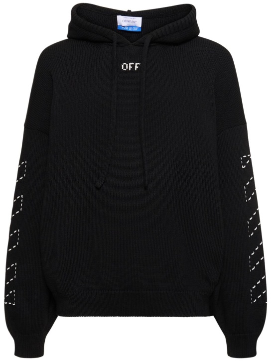 Off-White: Stitch Arrow cotton blend knit hoodie - Siyah - men_0 | Luisa Via Roma