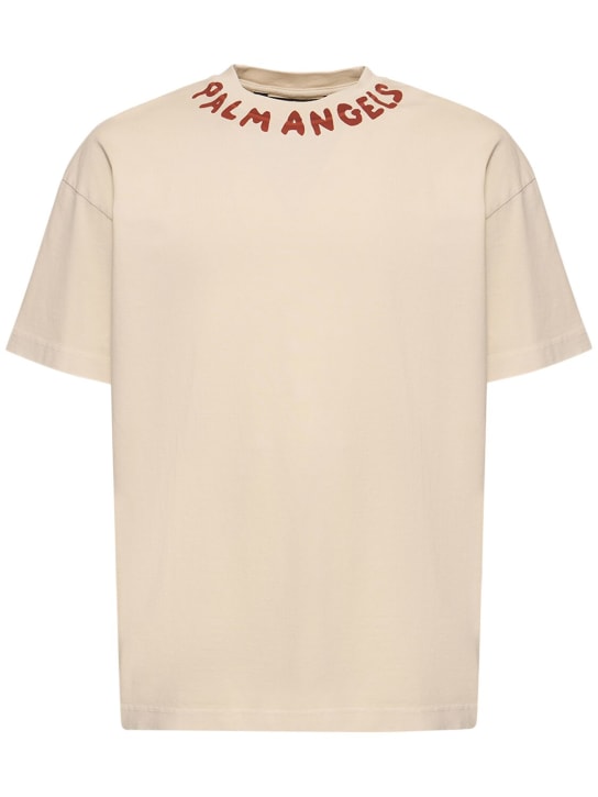 Palm Angels: T-shirt en coton à logo Seasonal - Off-White - men_0 | Luisa Via Roma