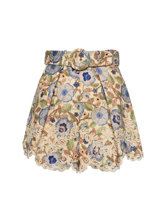 Zimmermann: Shorts de lino bordados - Marfil/Azul - women_0 | Luisa Via Roma