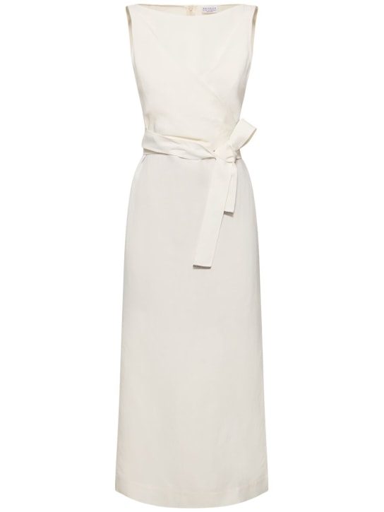 Brunello Cucinelli: Sleeveless fluid twill midi dress - Beyaz - women_0 | Luisa Via Roma