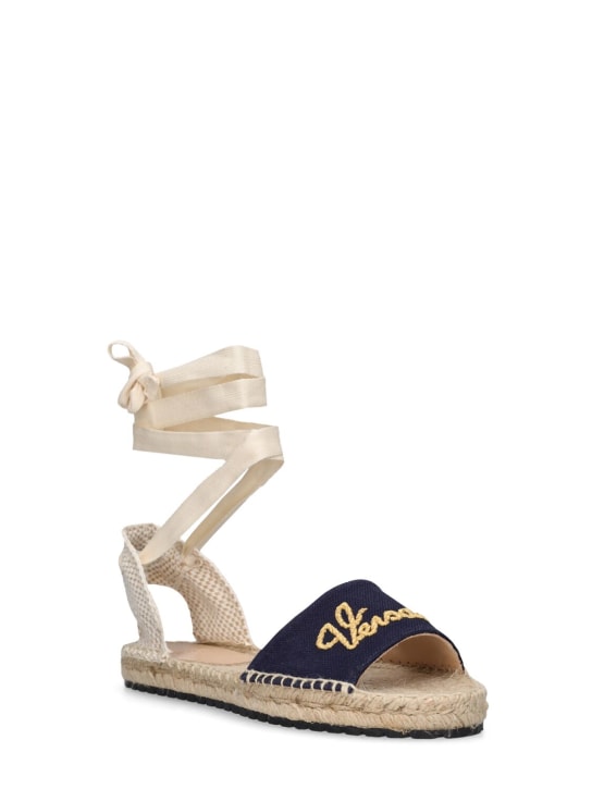 Versace: Logo embroidered espadrille sandals - Navy/Beige - kids-girls_1 | Luisa Via Roma