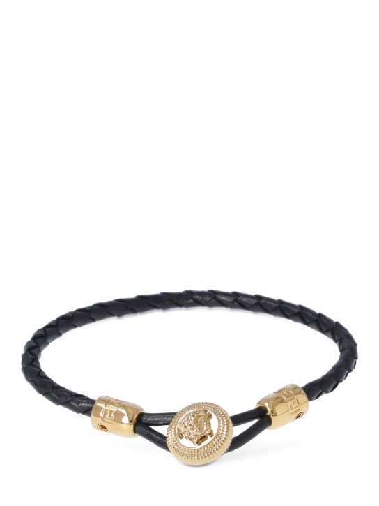 Versace: Metal & leather bracelet - Black/Gold - men_0 | Luisa Via Roma