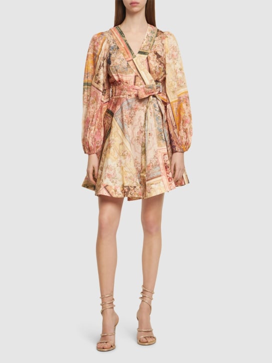 Zimmermann: Robe portefeuille courte en lin August - Multicolore - women_1 | Luisa Via Roma