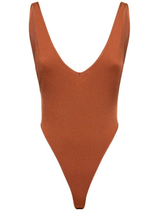 Roberto Cavalli: Stretch viscose V-neck bodysuit - Kahverengi - women_0 | Luisa Via Roma