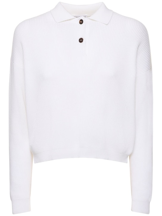 Brunello Cucinelli: Cotton rib knit polo sweater - Beyaz - women_0 | Luisa Via Roma