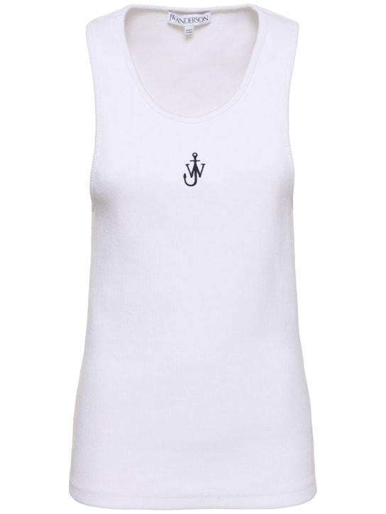 JW Anderson: Logo embroidered ribbed jersey top - Beyaz - women_0 | Luisa Via Roma
