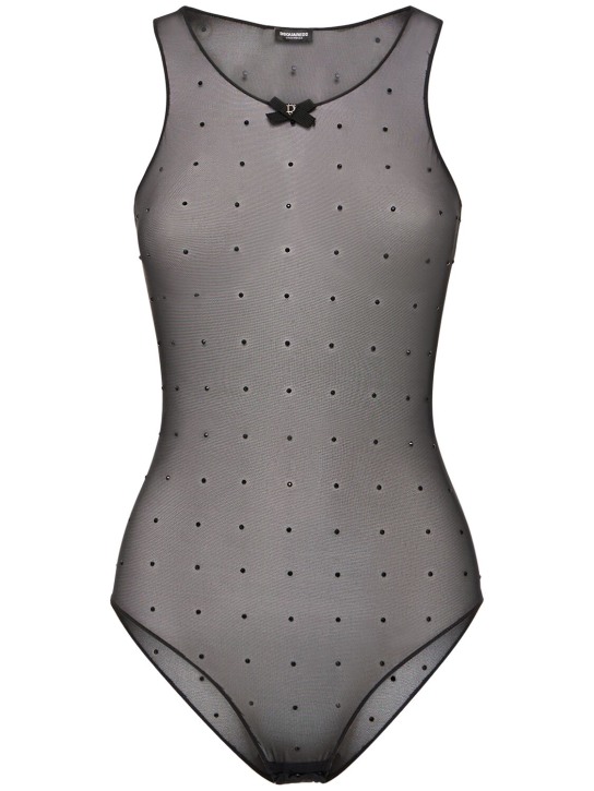Dsquared2: Crystal dots mesh crewneck bodysuit - Siyah - women_0 | Luisa Via Roma