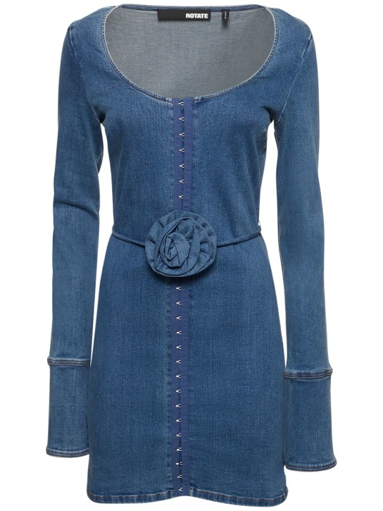 Rotate: Robe courte en denim stretch détail rose - Orion Blue - women_0 | Luisa Via Roma