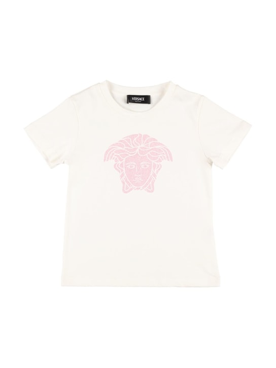 Versace: T-shirt en jersey de coton à logo pailleté - Blanc/Rose - kids-girls_0 | Luisa Via Roma