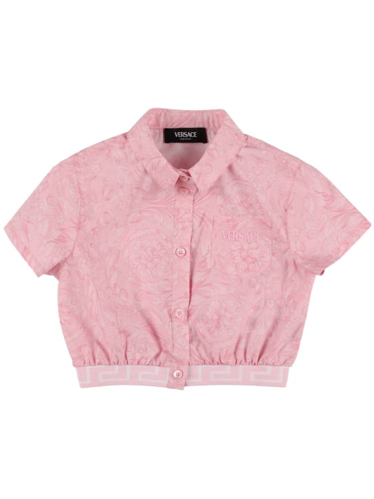Versace: 자수 코튼 포플린 크롭 셔츠 - 핑크 - kids-girls_0 | Luisa Via Roma