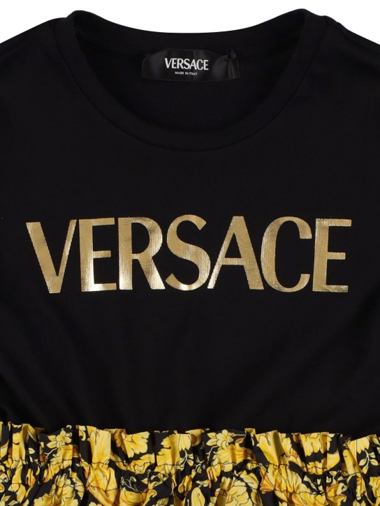 Versace: Robe en popeline imprimée et jersey de coton - Noir/Or - kids-girls_1 | Luisa Via Roma