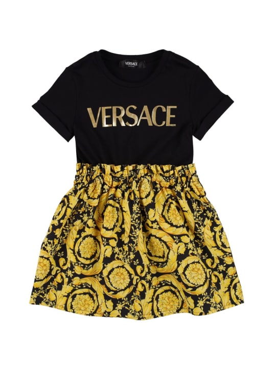 Versace: Cotton jersey & printed poplin dress - Siyah/Altın - kids-girls_0 | Luisa Via Roma