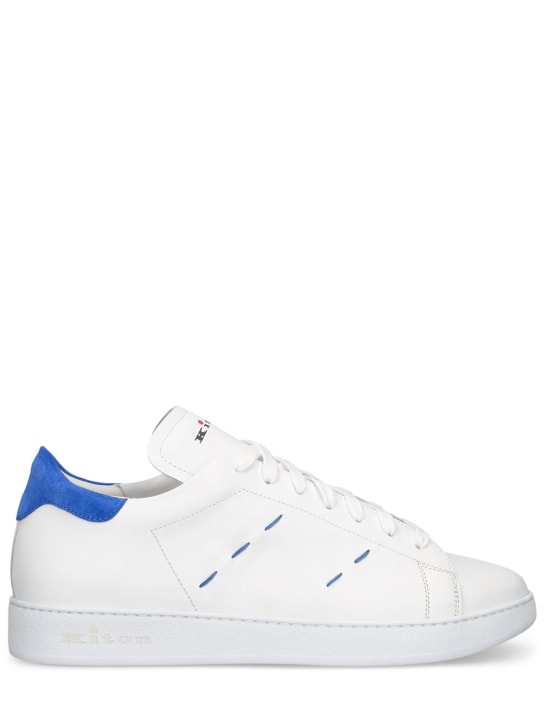 Kiton: Leather low top sneakers - White/Blue - men_0 | Luisa Via Roma