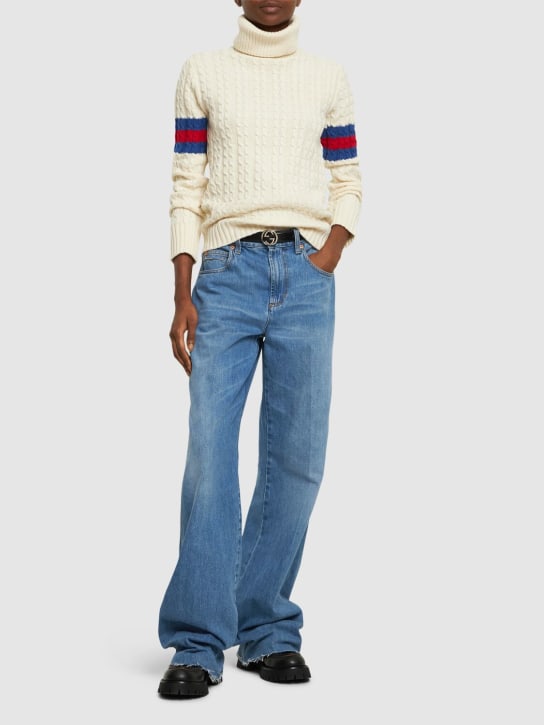 Gucci: Wool & cashmere cable knit sweater - Ivory/Blue/Red - women_1 | Luisa Via Roma