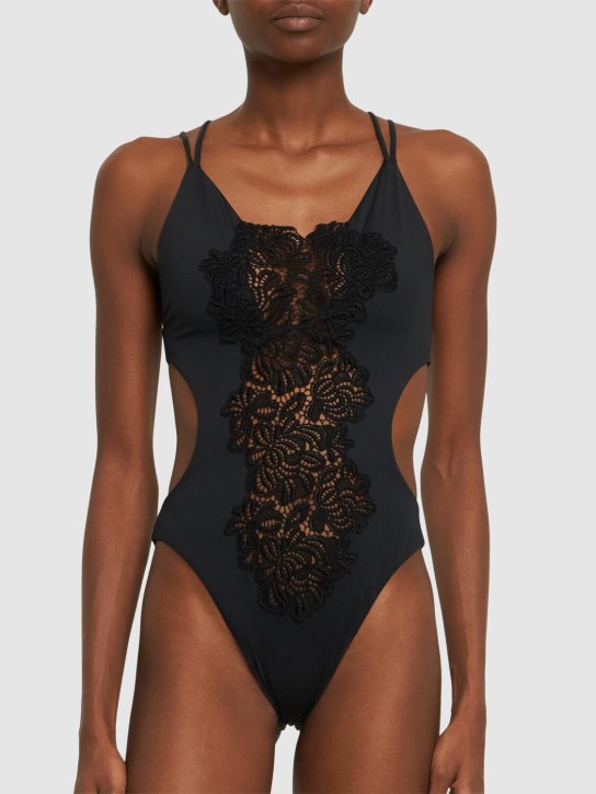 Ermanno Scervino: Lycra macramé cutout onepiece swimsuit - Black - women_1 | Luisa Via Roma