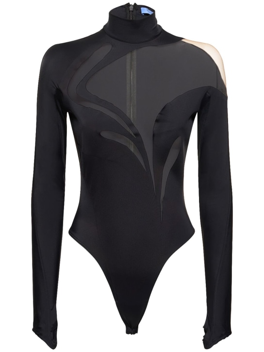 MUGLER: Lycra & tulle cutout turtleneck bodysuit - Black/Nude 01 - women_0 | Luisa Via Roma