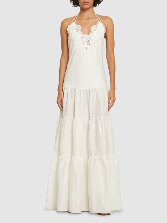 Ermanno Scervino: Embroidered linen flared long dress - Beyaz - women_1 | Luisa Via Roma