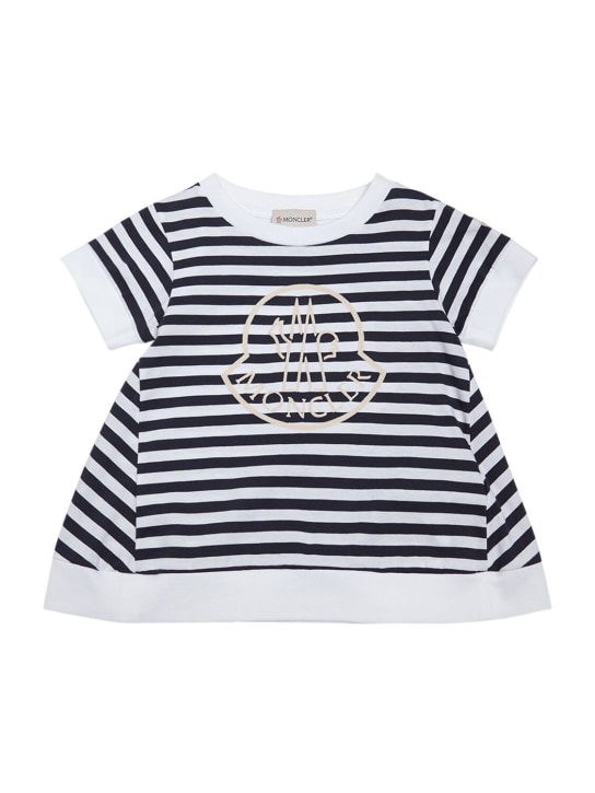 Moncler: Camiseta de algodón a rayas con logo - Azul/Blanco - kids-girls_0 | Luisa Via Roma