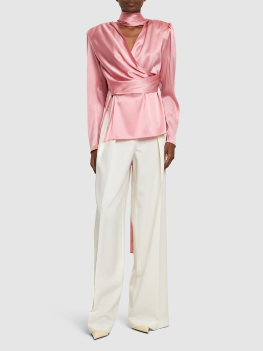 Magda Butrym: Silk satin draped long sleeve wrap top - Pink - women_1 | Luisa Via Roma