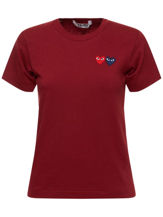 Comme des Garçons Play: T-shirt en coton avec coeurs brodés - Burgundy - women_0 | Luisa Via Roma