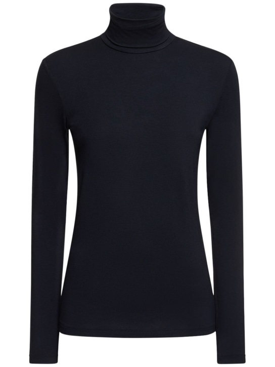 Max Mara: Camiseta de viscosa stretch con cuello alto - Dark Blue - women_0 | Luisa Via Roma