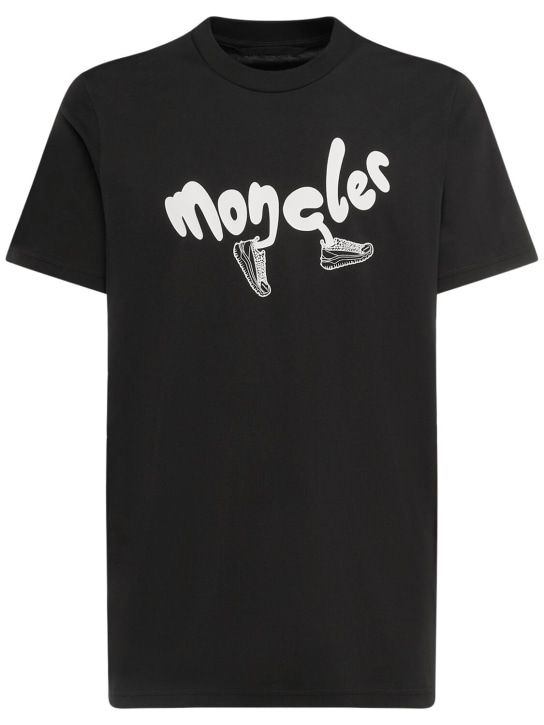 Moncler: T-shirt en coton à logo Running - Smoky Black - men_0 | Luisa Via Roma