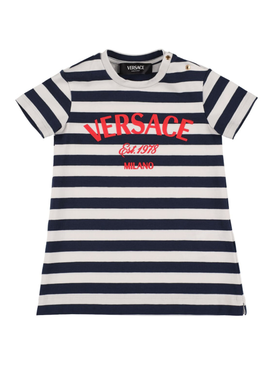 Versace: Vestito in jersey di cotone stampato - Navy/Bianco/Rosso - kids-girls_0 | Luisa Via Roma