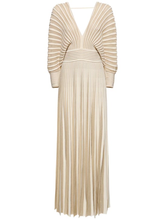Elie Saab: Pleated knit long dress - Ivory/Gold - women_0 | Luisa Via Roma