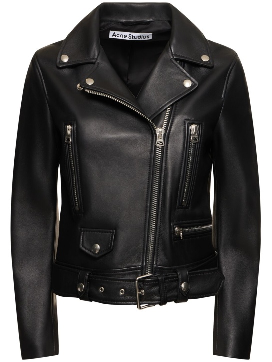 Acne Studios: Belted leather biker jacket - Siyah - women_0 | Luisa Via Roma