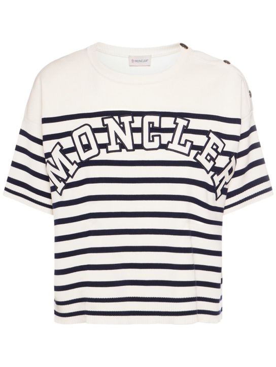 Moncler: T-shirt in cotone a righe con logo - Blu/Bianco - women_0 | Luisa Via Roma