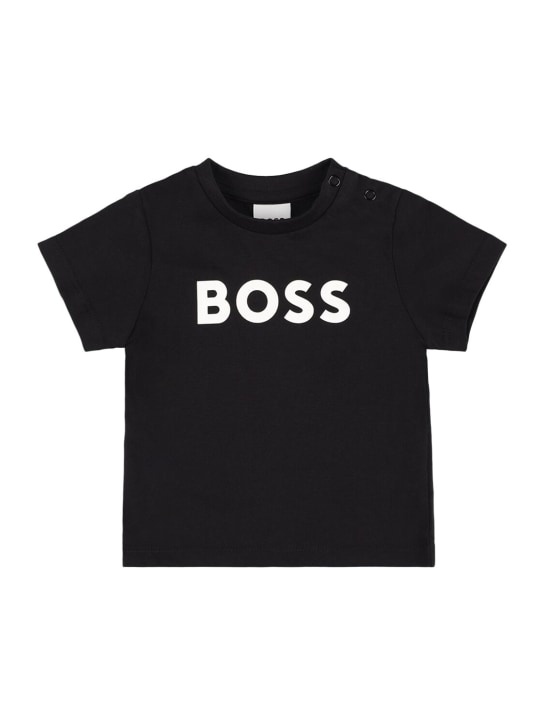 Boss: Logo印花棉质平纹针织T恤 - 黑色 - kids-boys_0 | Luisa Via Roma