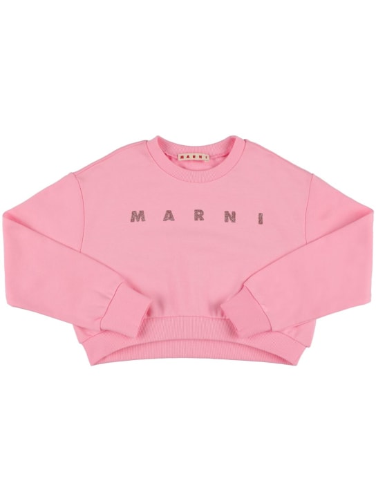 Marni Junior: Felpa cropped in cotone con logo decorato - Rosa - kids-girls_0 | Luisa Via Roma
