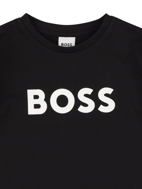 Boss: T-shirt en jersey de coton à imprimé logo - Noir - kids-boys_1 | Luisa Via Roma