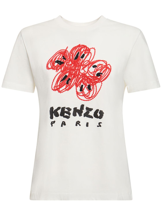 Kenzo Paris: Drawn logo printed cotton t-shirt - Beyaz - women_0 | Luisa Via Roma
