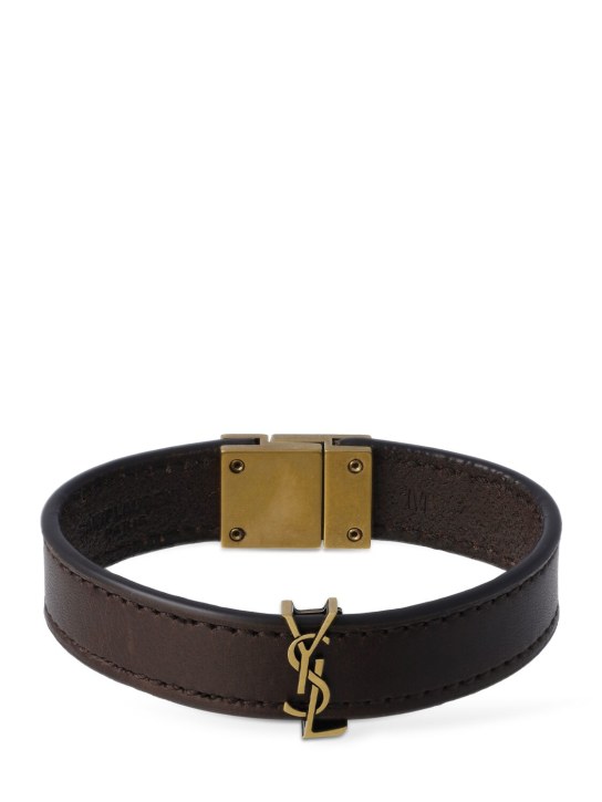 Saint Laurent: YSL wide leather bracelet - Koyu Kahverengi - men_0 | Luisa Via Roma