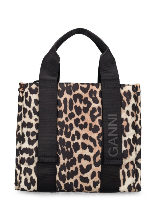 GANNI: Small printed recycled poly tote bag - Leopard - women_0 | Luisa Via Roma