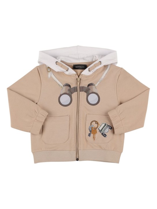 Monnalisa: Full-zip hooded cotton sweatshirt - Beige - kids-boys_0 | Luisa Via Roma