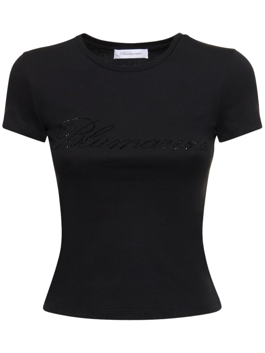 Blumarine: Crystal logo cotton jersey t-shirt - Siyah - women_0 | Luisa Via Roma