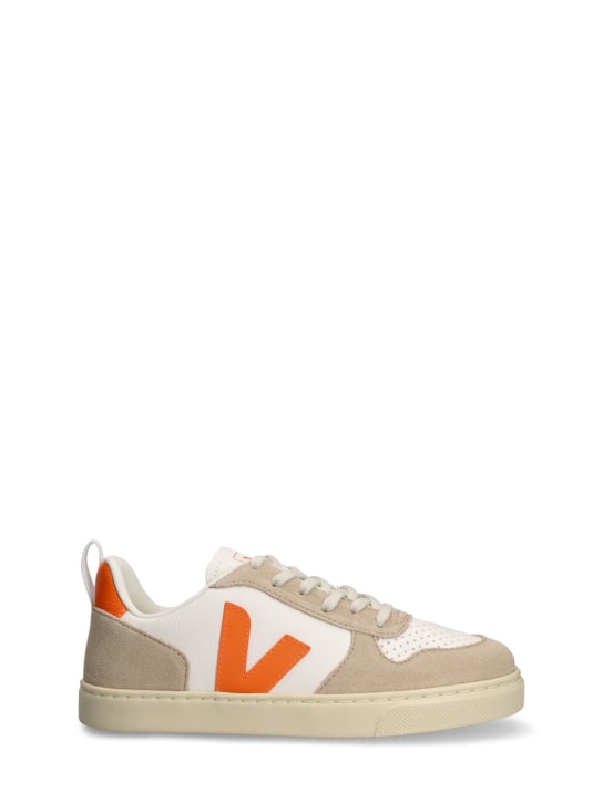 Veja: V10 chrome-free leather sneakers - White/Orange - kids-boys_0 | Luisa Via Roma